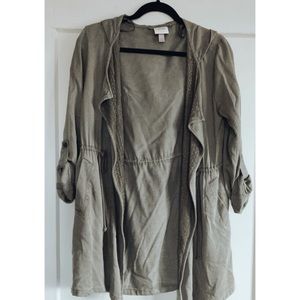 Distressed army green duster jacket